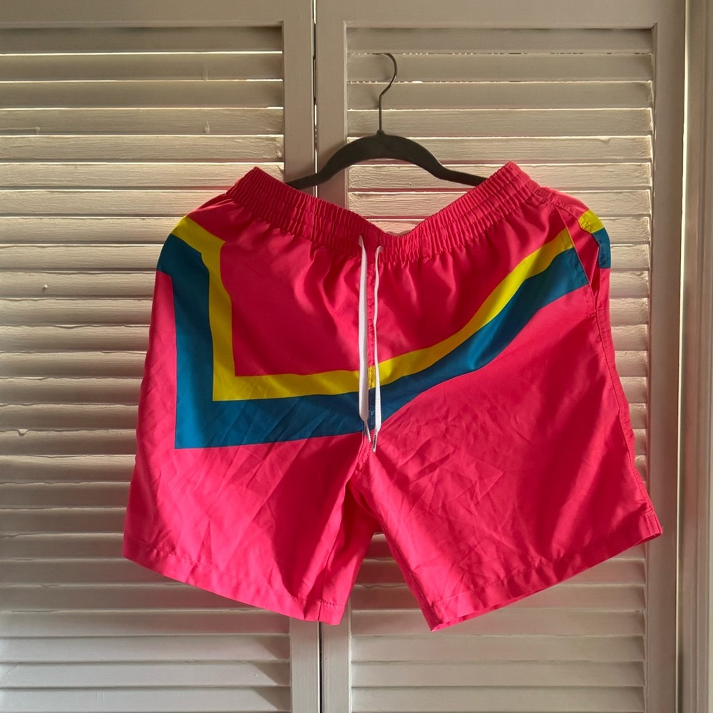 Chubbies Pink Athletic Shorts with Blue and Yellow Accents